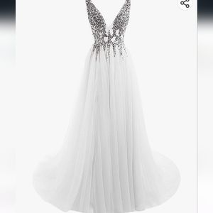 Dress Sexy Deep V Neck Sequins Beads Tulle and Lace High Split